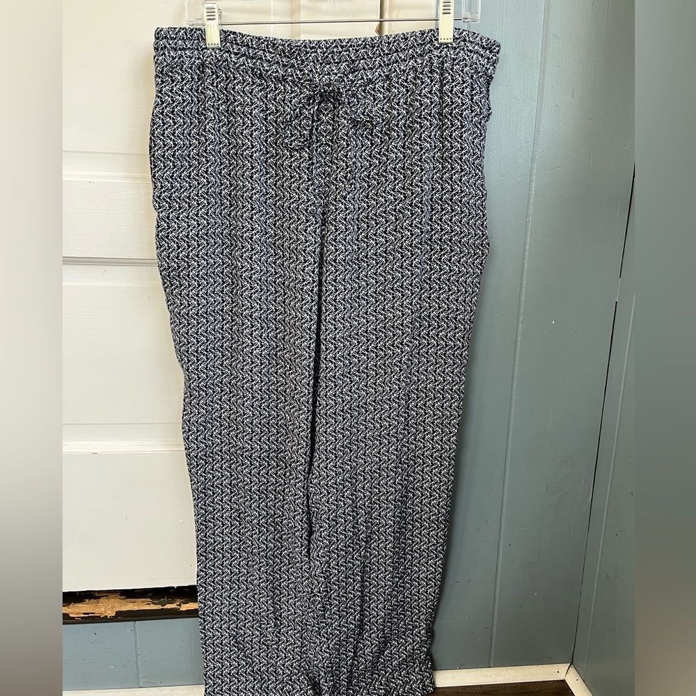 Talbots Large navy easy pant with tiny glasses print.